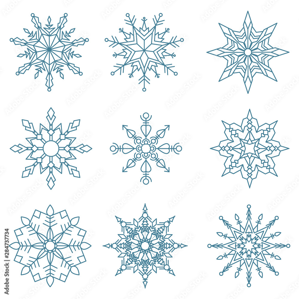 Set of snowflakes of different geometric shapes. Decorations for the New Year. Gray-blue color. Vector Set of snowflakes of different geometric shapes. Decorations for the New Year. Gray-blue color. Vector