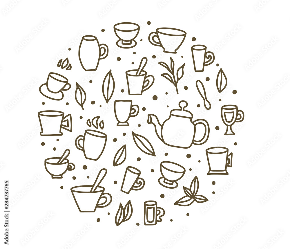 Tea set. Cups and teapots. Vector illustration.