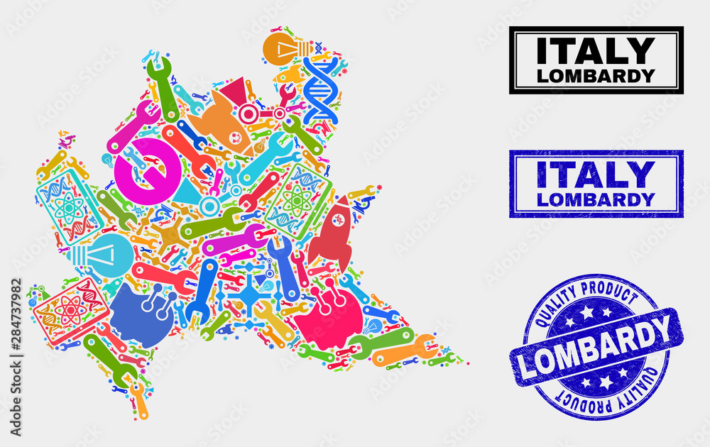 Obraz premium Vector collage of service Lombardy region map and blue seal stamp for quality product. Lombardy region map collage made with equipment, wrenches, industry icons.