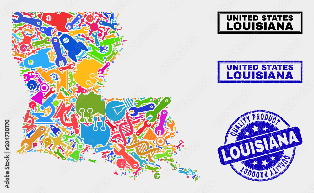 Obraz premium Vector collage of service Louisiana State map and blue seal stamp for quality product. Louisiana State map collage constructed with equipment, wrenches, production icons.
