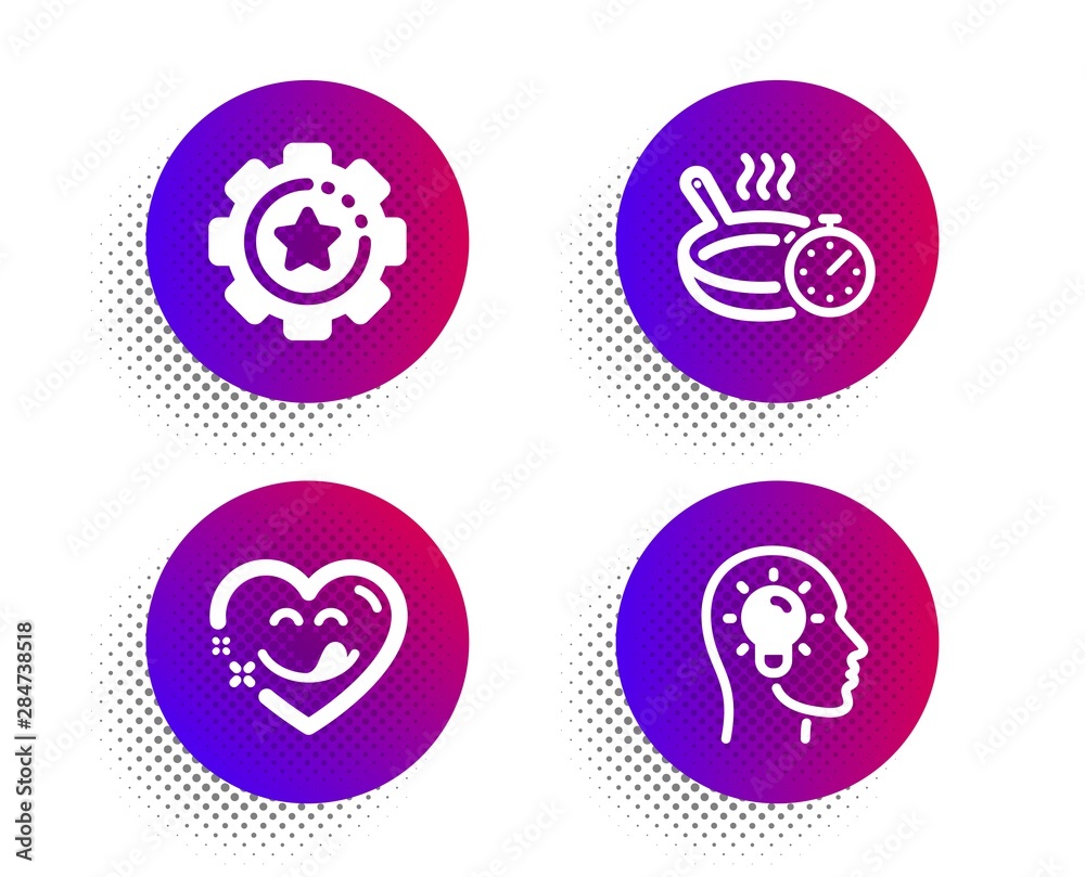 Frying pan, Settings gear and Yummy smile icons simple set. Halftone dots button. Idea head sign. Cooking timer, Technology process, Comic heart. Lightbulb. Technology set. Vector Frying pan, Settings gear and Yummy smile icons simple set. Halftone dots button. Idea head sign. Cooking timer, Technology process, Comic heart. Lightbulb. Technology set. Vector