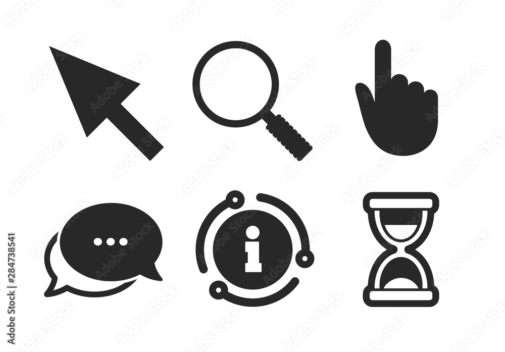 Hourglass and magnifier glass navigation sign symbols. Chat, info sign. Mouse cursor and hand pointer icons. Classic style speech bubble icon. Vector Hourglass and magnifier glass navigation sign symbols. Chat, info sign. Mouse cursor and hand pointer icons. Classic style speech bubble icon. Vector