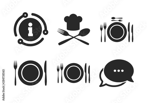 Chief hat sign. Chat, info sign. Plate dish with forks and knifes icons. Crosswise cutlery symbol. Dining etiquette. Classic style speech bubble icon. Vector