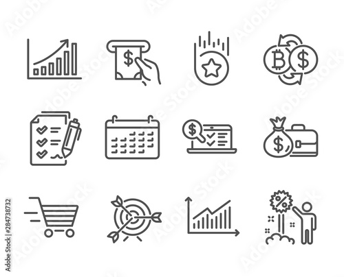 Set of Finance icons, such as Online accounting, Target, Survey checklist, Atm service, Graph chart, Loyalty star, Delivery shopping, Bitcoin exchange, Discount, Graph, Calendar, Salary. Vector