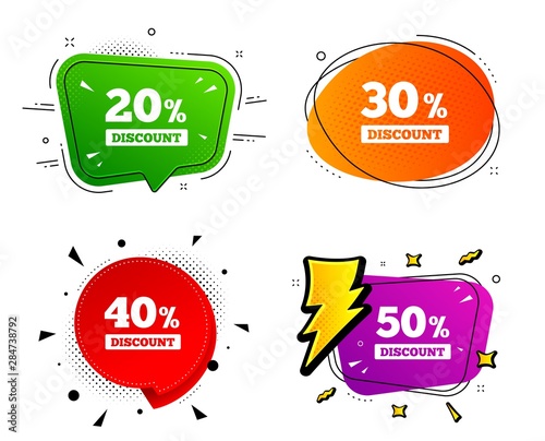 Special offer price signs. Banner badges, various colors. Sale discount icons. 20, 30, 40 and 50 percent off reduction symbols. Chat bubble vector shape. Gradient banner. Price tag. Vector