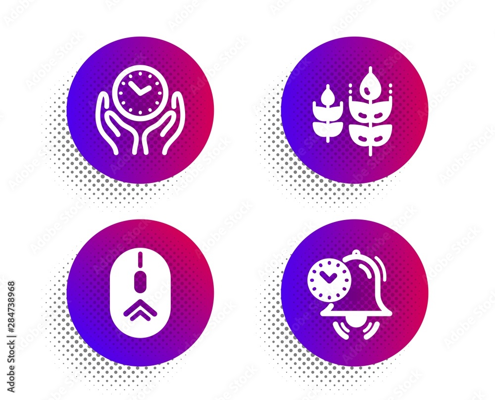 Gluten free, Swipe up and Safe time icons simple set. Halftone dots button. Time management sign. Bio ingredients, Scrolling page, Hold clock. Alarm clock. Science set. Vector Gluten free, Swipe up and Safe time icons simple set. Halftone dots button. Time management sign. Bio ingredients, Scrolling page, Hold clock. Alarm clock. Science set. Vector