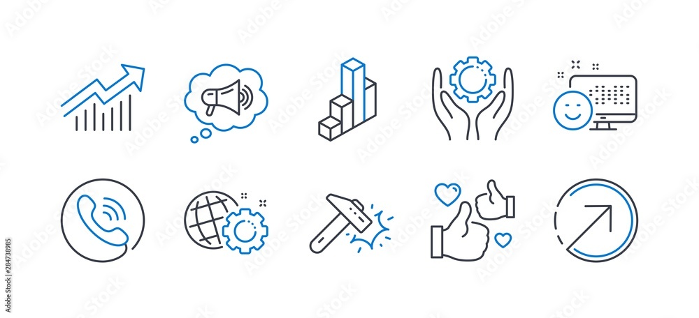 Set of Technology icons, such as Like, Hammer blow, Call center, Demand curve, Smile, Employee hand, Megaphone, 3d chart, Seo gear, Direction line icons. Thumbs up, Crash tool. Line like icon. Vector