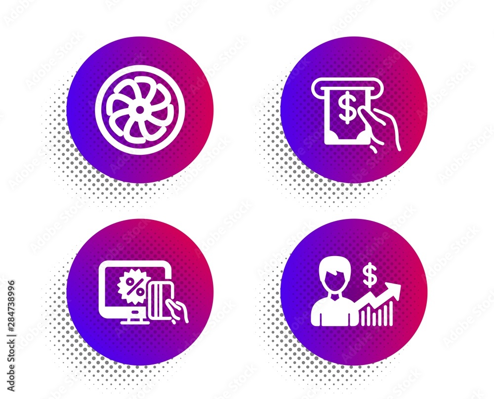 Fan engine, Atm service and Online shopping icons simple set. Halftone dots button. Business growth sign. Ventilator, Cash investment, Black friday. Earnings results. Finance set. Vector