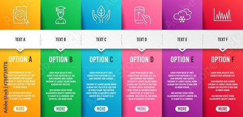 Snow weather, Student and Swipe up line icons set. Infographic timeline. Analytics chart, Fair trade and Line graph signs. Snowflake, Graduation cap, Scrolling screen. Report analysis. Vector