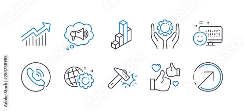 Set of Technology icons, such as Like, Hammer blow, Call center, Demand curve, Smile, Employee hand, Megaphone, 3d chart, Seo gear, Direction line icons. Thumbs up, Crash tool. Line like icon. Vector