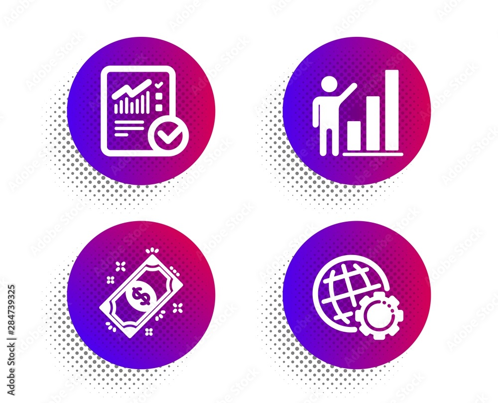 Payment, Graph chart and Checked calculation icons simple set. Halftone dots button. Globe sign. Finance, Growth report, Statistical data. Internet settings. Education set. Vector