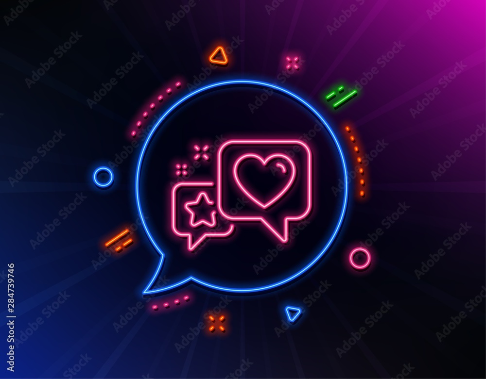 Star, heart line icon. Neon laser lights. Feedback rating sign. Customer satisfaction symbol. Glow laser speech bubble. Neon lights chat bubble. Banner badge with heart icon. Vector Star, heart line icon. Neon laser lights. Feedback rating sign. Customer satisfaction symbol. Glow laser speech bubble. Neon lights chat bubble. Banner badge with heart icon. Vector