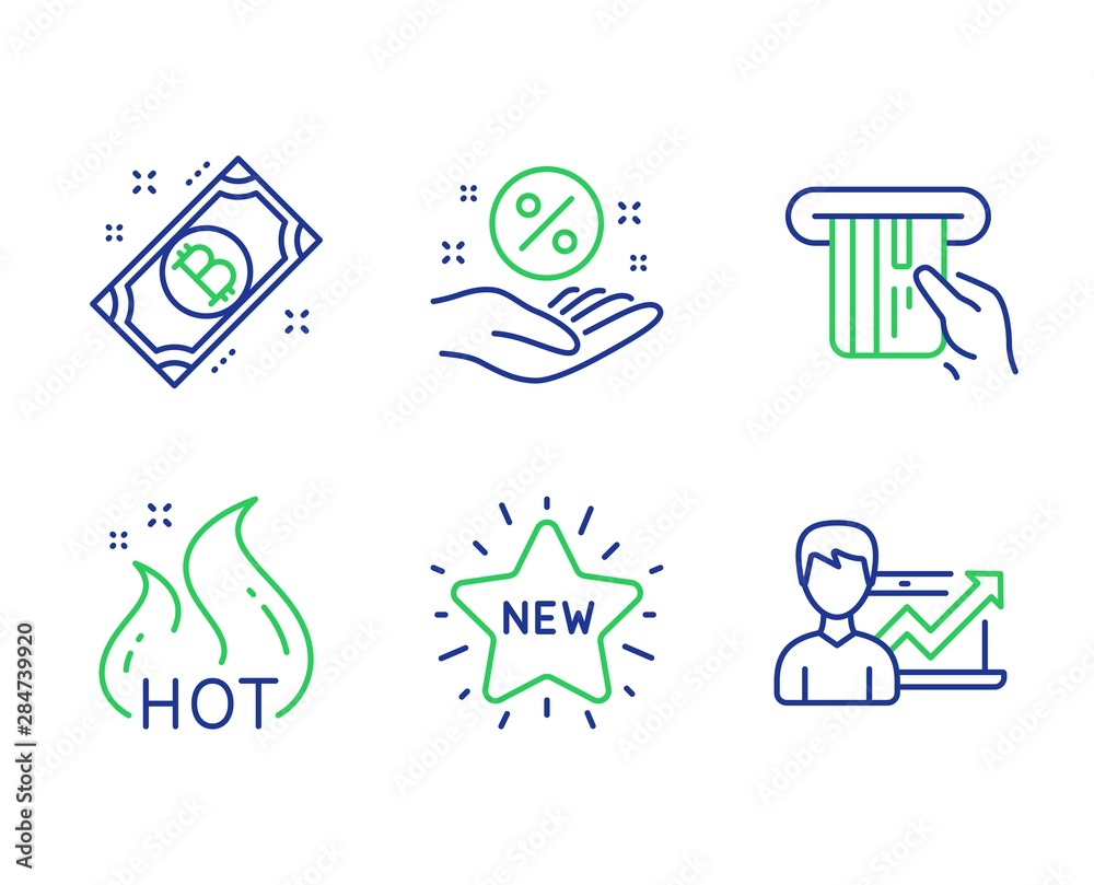 Fototapeta premium Credit card, New star and Hot sale line icons set. Bitcoin, Loan percent and Success business signs. Atm payment, Shopping, Shopping flame. Cryptocurrency coin. Finance set. Vector