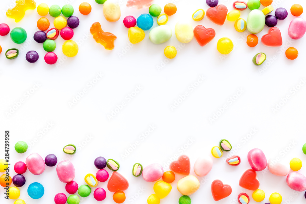 Candy dots and fruit jelly frame for blog design on white background top view mockup