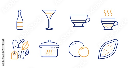 Cafe creme, Bombon coffee and Mint bag line icons set. Peas, Martini glass and Champagne bottle signs. Boiling pan, Cocoa nut symbols. Hot coffee, Cafe bombon. Food and drink set. Vector