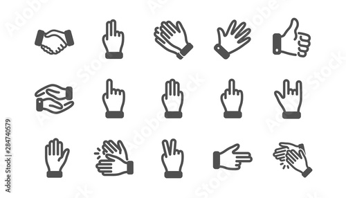 Hand gestures icons. Handshake, Clapping hands, Victory. Horns, Thumb up finger, drag and drop icons. Donation hand gestures, middle finger, helping hand. Classic set. Quality set. Vector