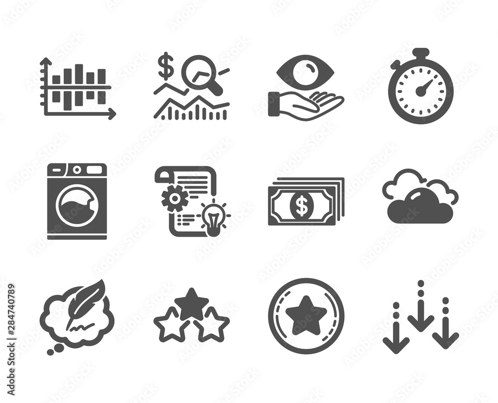 Set of Business icons, such as Cloudy weather, Copyright chat, Cogwheel, Diagram chart, Timer, Washing machine, Ranking stars, Loyalty star, Scroll down, Payment, Check investment. Vector Set of Business icons, such as Cloudy weather, Copyright chat, Cogwheel, Diagram chart, Timer, Washing machine, Ranking stars, Loyalty star, Scroll down, Payment, Check investment. Vector