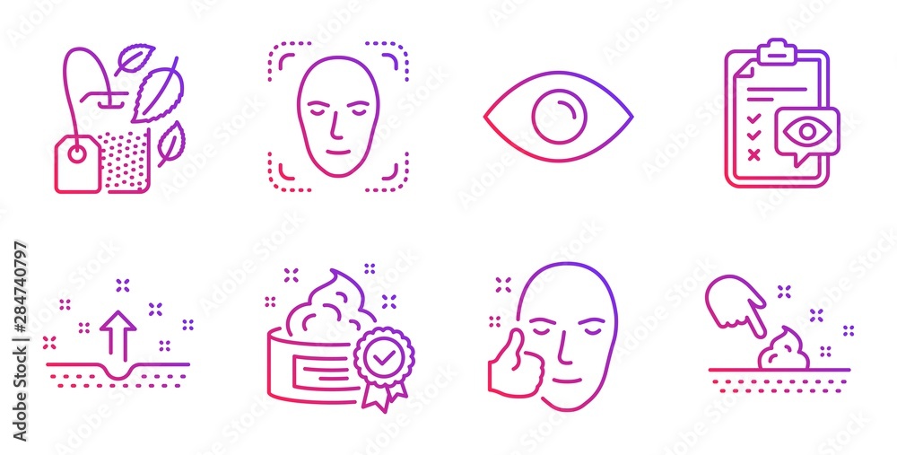 Mint bag, Face detection and Eye checklist line icons set. Healthy face, Cream and Clean skin signs. Eye, Skin moisture symbols. Mentha tea, Detect person. Medical set. Gradient mint bag icon. Vector Mint bag, Face detection and Eye checklist line icons set. Healthy face, Cream and Clean skin signs. Eye, Skin moisture symbols. Mentha tea, Detect person. Medical set. Gradient mint bag icon. Vector