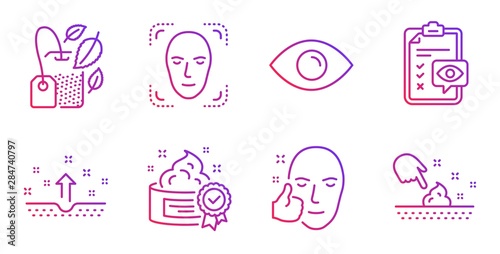 Mint bag, Face detection and Eye checklist line icons set. Healthy face, Cream and Clean skin signs. Eye, Skin moisture symbols. Mentha tea, Detect person. Medical set. Gradient mint bag icon. Vector