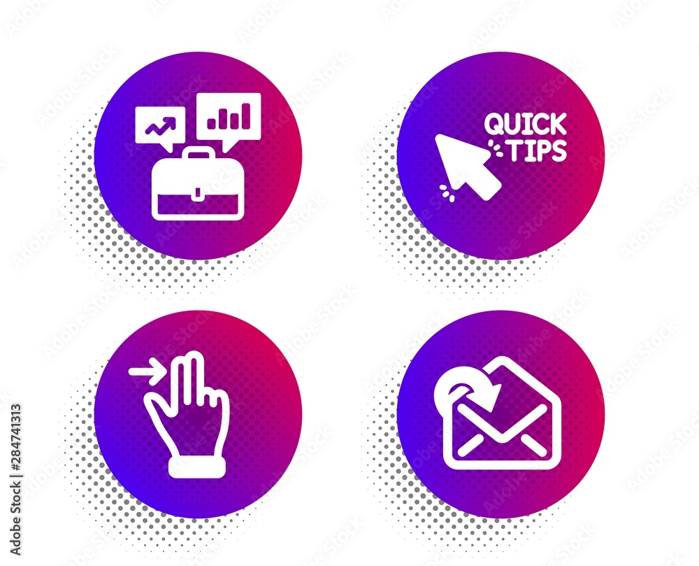 Touchscreen gesture, Quick tips and Business portfolio icons simple set. Halftone dots button. Receive mail sign. Slide right, Helpful tricks, Job interview. Incoming message. Business set. Vector