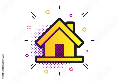 Home sign icon. Halftone dots pattern. Main page button. Navigation symbol. Classic flat home icon. Vector photo