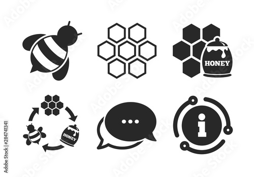 Honeycomb cells with bees symbol. Chat, info sign. Honey icon. Sweet natural food signs. Classic style speech bubble icon. Vector