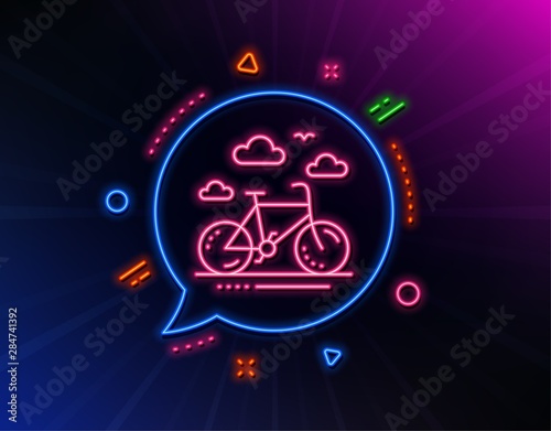 Bike rental line icon. Neon laser lights. Bicycle rent sign. Hotel service symbol. Glow laser speech bubble. Neon lights chat bubble. Banner badge with bike rental icon. Vector