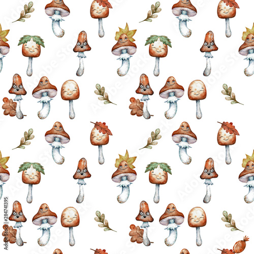Pretty seamless pattern with watercolor mushrooms and leaves. Botanical autumn illustration. Happy forest background.