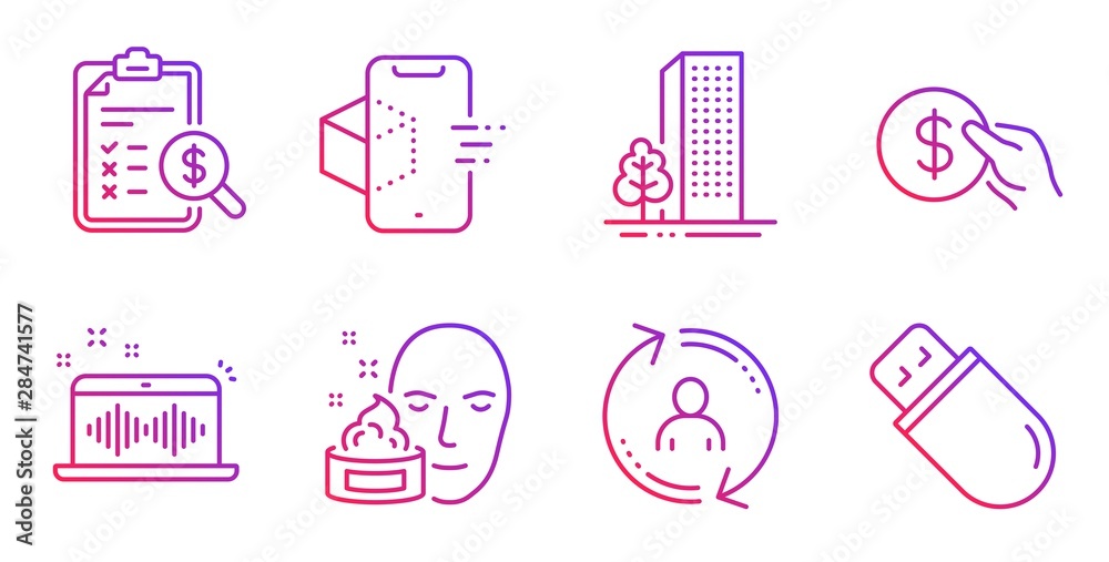 Music making, User info and Augmented reality line icons set. Face cream, Payment and Buildings signs. Accounting report, Usb stick symbols. Dj app, Update profile. Business set. Vector
