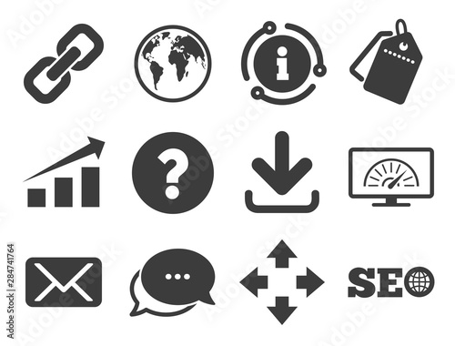 Bandwidth speed, download arrow and mail signs. Discount offer tag, chat, info icon. Internet, seo icons. Hyperlink, monitoring symbols. Classic style signs set. Vector