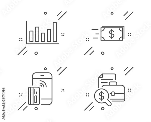 Money transfer, Contactless payment and Column chart line icons set. Accounting report sign. Cash delivery, Phone money, Financial graph. Financial case. Finance set. Vector