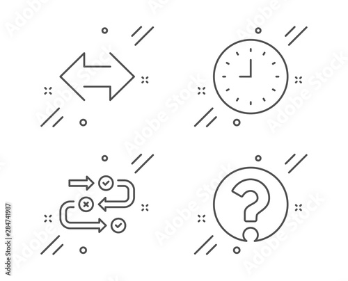 Survey progress, Clock and Sync line icons set. Question mark sign. Algorithm, Time or watch, Synchronize. Ask support. Business set. Line survey progress outline icon. Vector