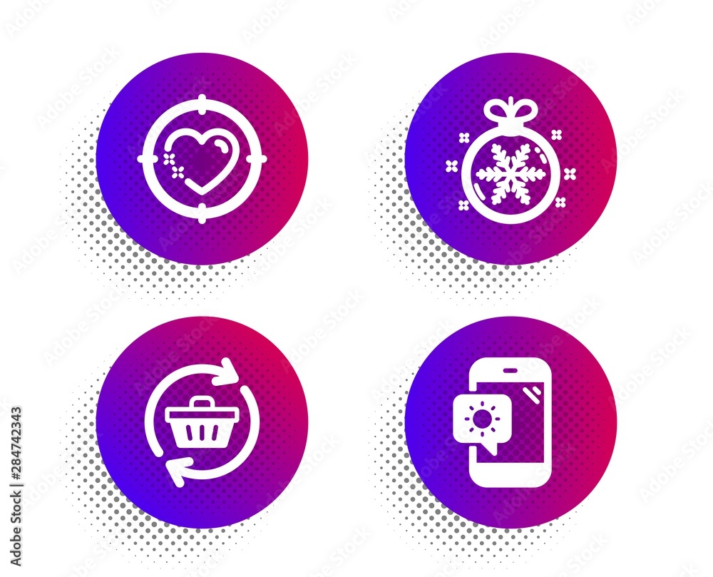 Refresh cart, Heart target and Christmas ball icons simple set. Halftone dots button. Weather phone sign. Online shopping, Love aim, Snowflake. Travel device. Holidays set. Vector Refresh cart, Heart target and Christmas ball icons simple set. Halftone dots button. Weather phone sign. Online shopping, Love aim, Snowflake. Travel device. Holidays set. Vector
