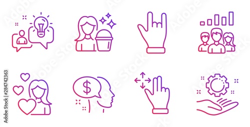 Horns hand, Love and Teamwork results line icons set. Idea, Move gesture and Pay signs. Cleaning, Employee hand symbols. Gesture palm, Woman in love. People set. Gradient horns hand icon. Vector
