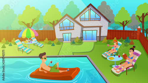 People Having Outdoors Rest in Yard, Swimming Pool