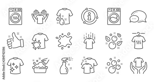 Laundry line icons. Dryer, Washing machine and dirt shirt. Laundromat, hand washing, laundry service icons. Linear set. Quality line set. Vector