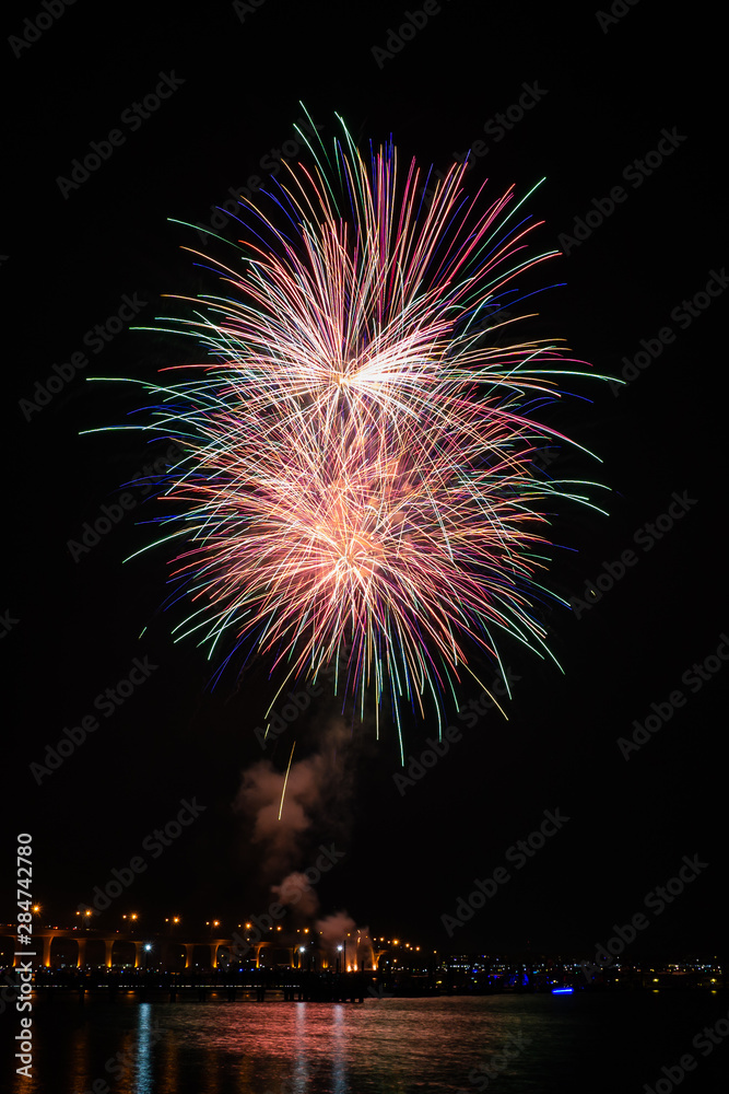 Independence Day Fourth of July Fireworks at the Roosevelt Bridge near Downtown Stuart, Florida, USA