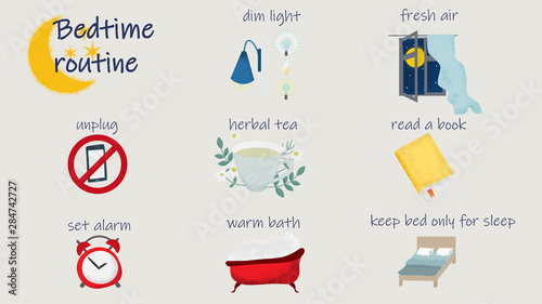 Bedtime routine for better sleep. Vector illustration of tips to improve night rest and health.