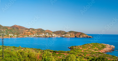Bali, Island Crete, Greece, Sunny day with mountains, Aegean sea, plants and beaches. Bali - vacation destination resort, with clear turquoise ocean waters, Rethymno, Crete, Greece. Panoramic view.
