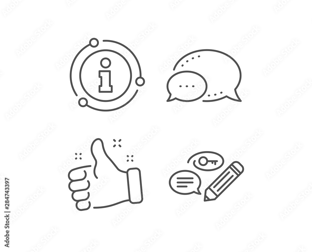 Keywords line icon. Chat bubble, info sign elements. Pencil with key symbol. Marketing strategy sign. Linear keywords outline icon. Information bubble. Vector Keywords line icon. Chat bubble, info sign elements. Pencil with key symbol. Marketing strategy sign. Linear keywords outline icon. Information bubble. Vector