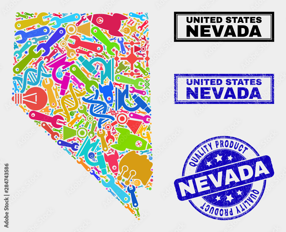 Vector collage of service Nevada State map and blue stamp for quality product. Nevada State map collage created with tools, spanners, production symbols.