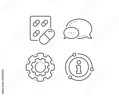 Capsule pill line icon. Chat bubble, info sign elements. Medical drugs sign. Pharmacy medication symbol. Linear capsule pill outline icon. Information bubble. Vector