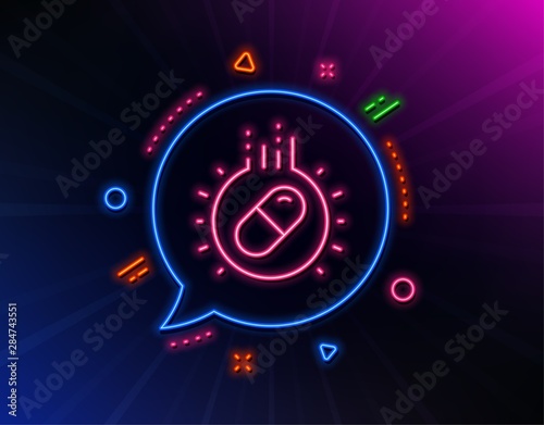 Capsule pill line icon. Neon laser lights. Medical drugs sign. Pharmacy medication symbol. Glow laser speech bubble. Neon lights chat bubble. Banner badge with capsule pill icon. Vector