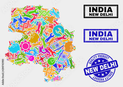 Vector collage of industrial New Delhi City map and blue seal stamp for quality product. New Delhi City map collage composed with tools, wrenches, production icons.