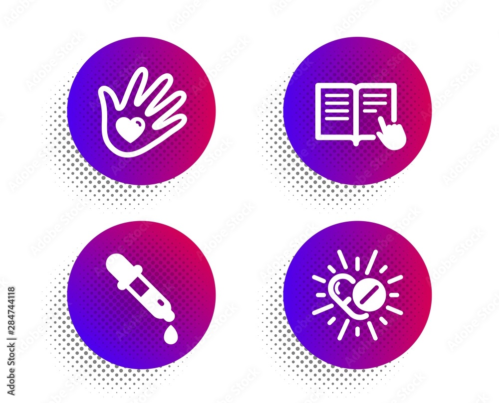 Chemistry pipette, Social responsibility and Read instruction icons simple set. Halftone dots button. Medical drugs sign. Laboratory, Helping hand, Opened book. Medicine pills. Science set. Vector