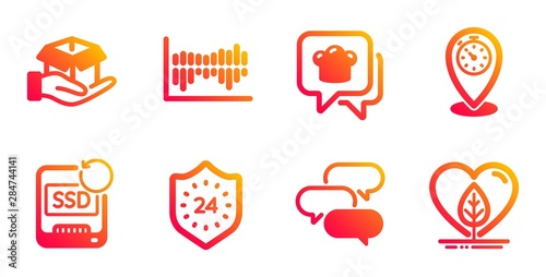 Hold box, 24 hours and Timer line icons set. Talk bubble, Cooking hat and Recovery ssd signs. Column diagram, Local grown symbols. Delivery parcel, Protection. Gradient hold box icons set. Vector