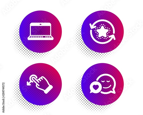 Notebook, Drag drop and Loyalty points icons simple set. Halftone dots button. Dating sign. Laptop computer, Move, Bonus reward. Love messenger. Technology set. Classic flat notebook icon. Vector
