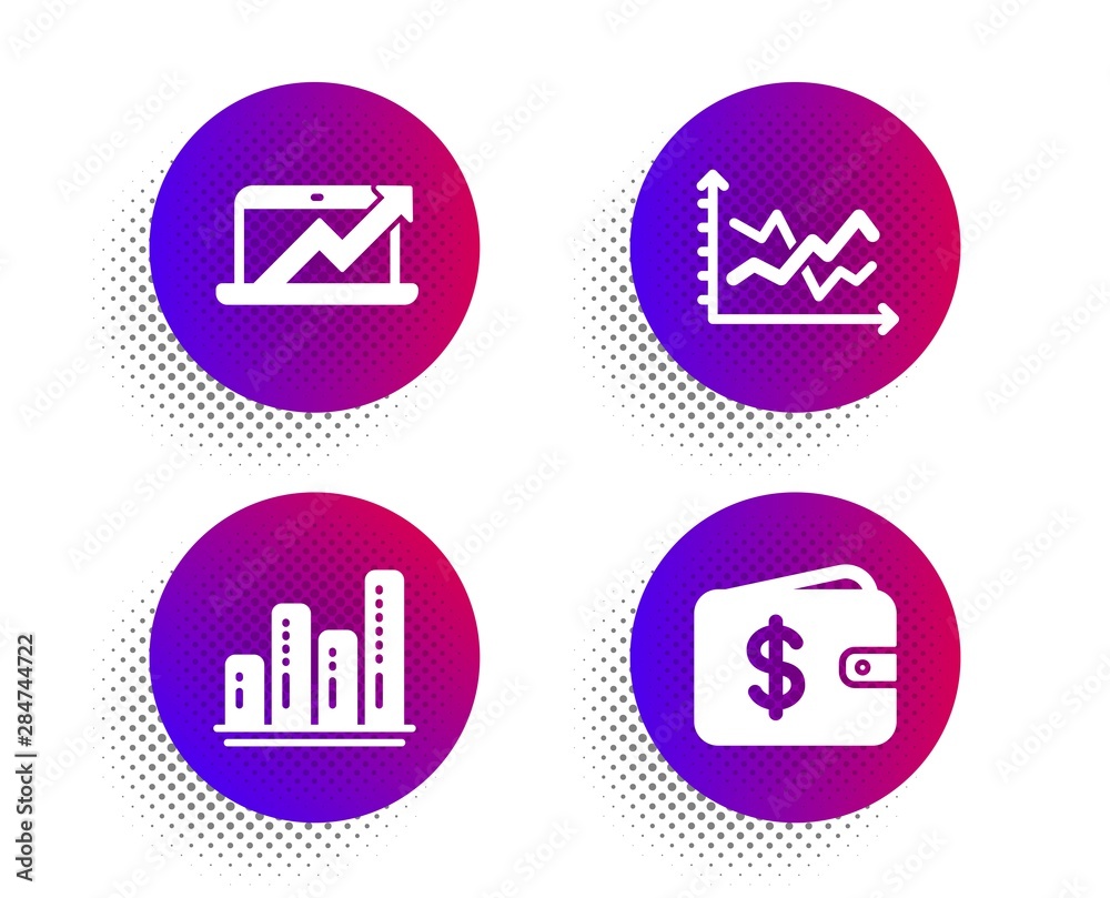 Graph chart, Sales diagram and Diagram chart icons simple set. Halftone dots button. Dollar wallet sign. Growth report, Presentation graph, Cash money. Finance set. Vector Graph chart, Sales diagram and Diagram chart icons simple set. Halftone dots button. Dollar wallet sign. Growth report, Presentation graph, Cash money. Finance set. Vector