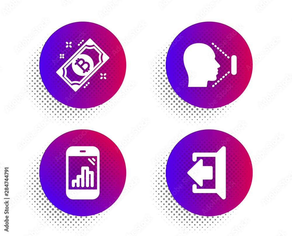 Bitcoin, Face id and Graph phone icons simple set. Halftone dots button. Sign out sign. Cryptocurrency coin, Identification system, Mobile statistics. Logout. Technology set. Vector Bitcoin, Face id and Graph phone icons simple set. Halftone dots button. Sign out sign. Cryptocurrency coin, Identification system, Mobile statistics. Logout. Technology set. Vector