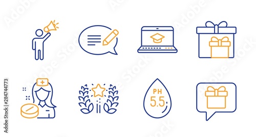 Delivery boxes, Ranking and Website education line icons set. Brand ambassador, Message and Ph neutral signs. Nurse, Wish list symbols. Birthday gifts, Laurel wreath. Business set. Vector